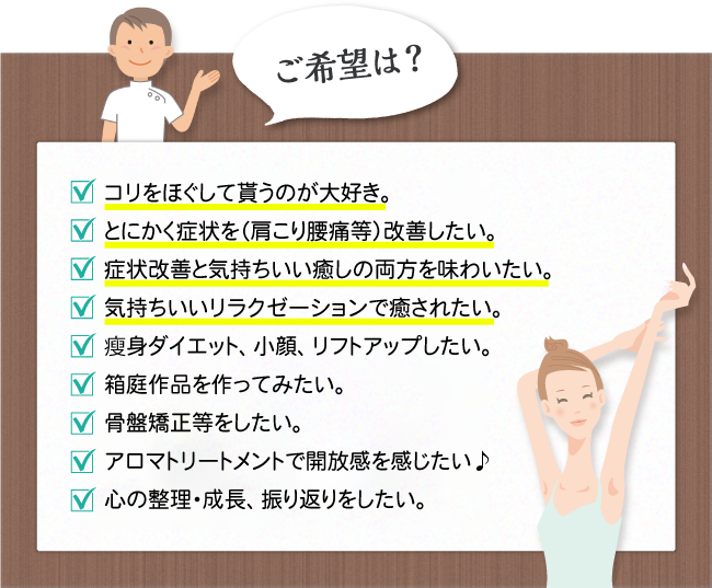 ご希望は？気持ちいいリラクゼーションで癒されたい。 症状改善と気持ちいい癒しの両方を味わいたい。 とにかく症状を（肩こり等）改善したい。痩身ダイエット、小顔、リフトアップしたい。 箱庭作品を作ってみたい。 骨盤矯正等をしたい。 アロマトリートメントで開放感を感じたい♪ 心の整理・成長、振り返りをしたい。