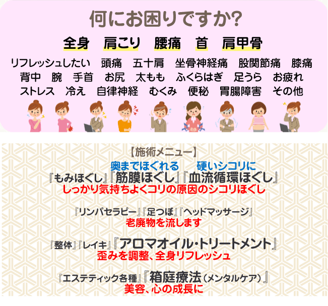 何にお困りですか？全身　肩こり　首　肩甲骨　腰痛 背中　頭痛　腕　四十肩　坐骨神経痛　尻　膝　太もも　ふくらはぎ足うら　疲れやすい　ストレス　冷え性　むくみ　便秘　胃腸障害　その他